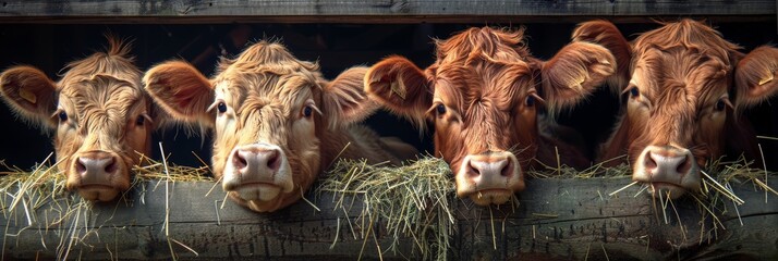 Cattle feeding on hay in a dairy farm cowshed   agriculture livestock eating fodder - obrazy, fototapety, plakaty