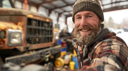 A cheerful and kind technician, wearing a beanie, hoodie, and beard, in a winter workshop.