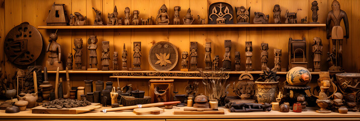 Fototapeta na wymiar Versatile Selection of Detailed Wooden Crafts at Rustic Market Display