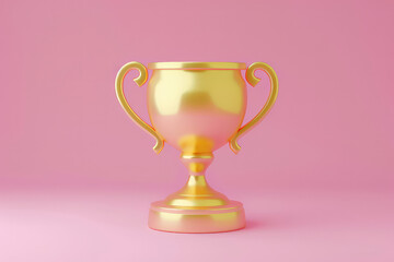 3D Trophy gold cup and geometric shapes on pink background.