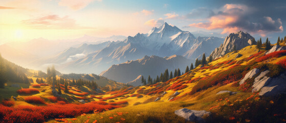 Colorful summer landscape with meadow and mountain peaks at sunset.