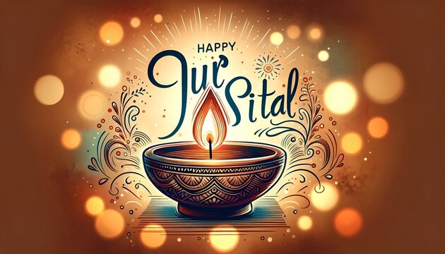 Illustration of card for jur sital with a traditional oil lamp and bokeh lights.