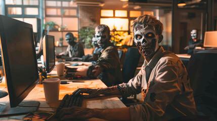 Zombie employees at computers in the office