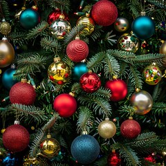 Obraz na płótnie Canvas A Christmas tree adorned with colorful baubles 02 - Perfectly repeating background pattern for your designs