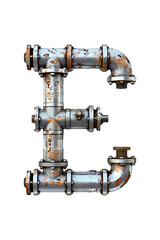The letter E is creatively assembled using interconnected metal pipes in a close-up view. Isolated letter E.