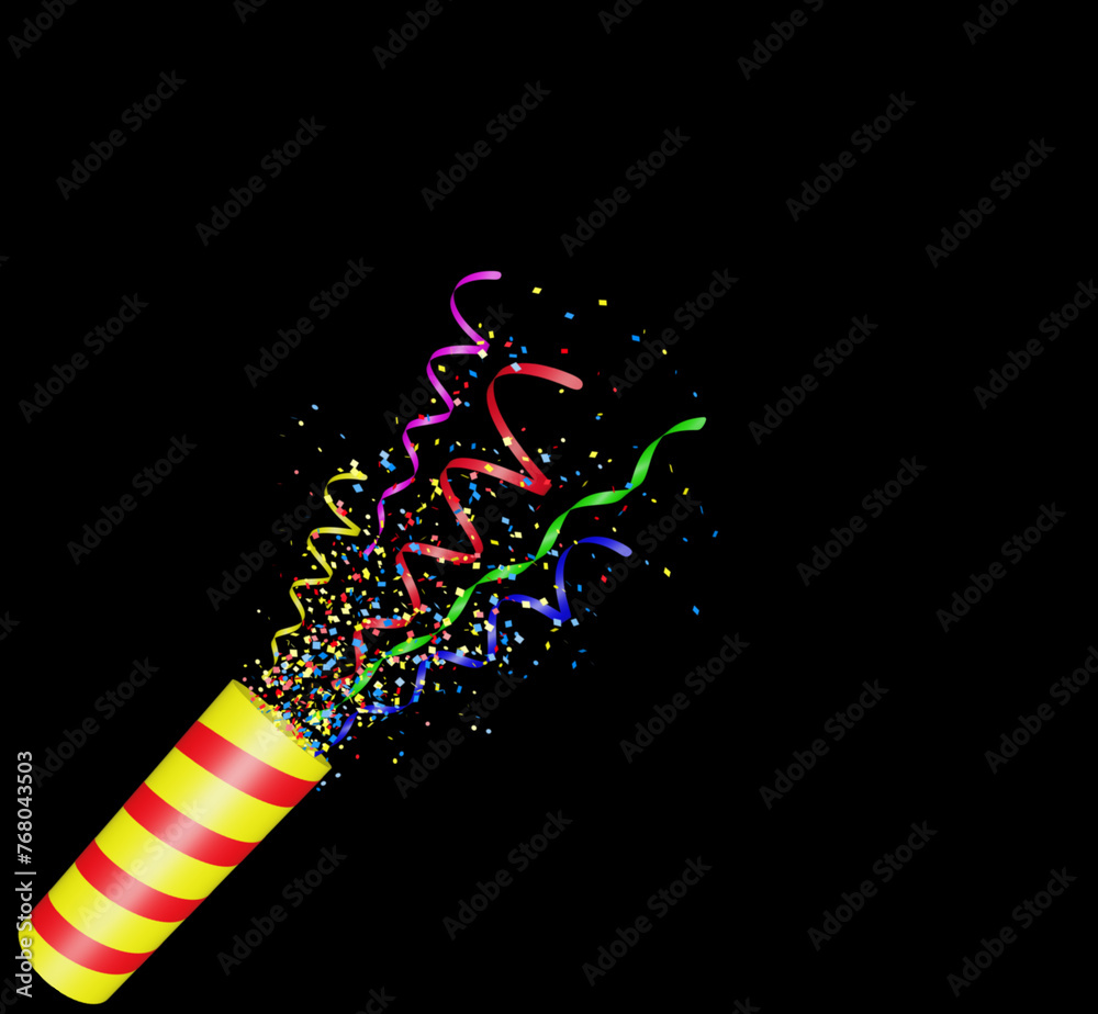 Aufkleber Party popper with flying confetti. Yellow and red firecracker explodes with serpentine on black background. Birthday and anniversary banner with empty space for text. 3d render
