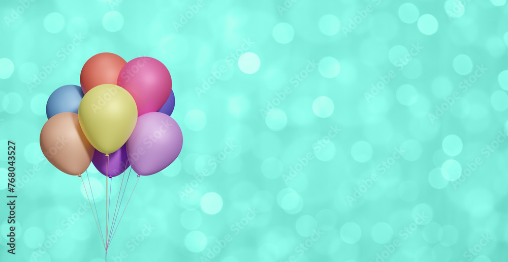 Poster Bunch of colorful balloons on blurred mint background. Empty space for text. 3d rendering
