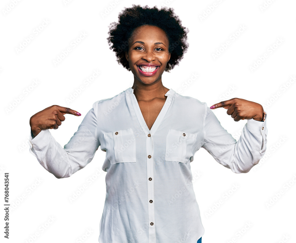 Sticker African american woman with afro hair pointing with fingers to herself smiling with a happy and cool smile on face. showing teeth.