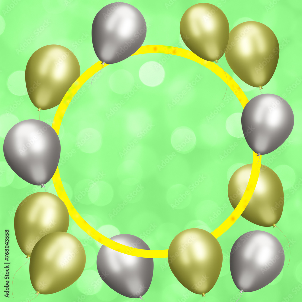 Aufkleber Golden frame with gold and silver balloons on blurred green background. Empty space for text. 3d rendering
