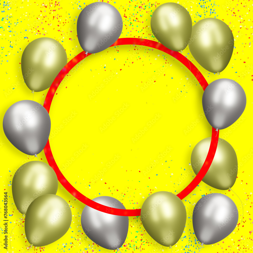 Aufkleber Red round frame with gold and silver balloons on yellow background with confetti. Empty space for text. 3d rendering