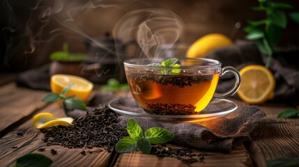 A clear glass cup of tea infused with lemon and mint leaves, steaming on a wooden table surrounded by loose tea leaves and a slice of lemon. - obrazy, fototapety, plakaty