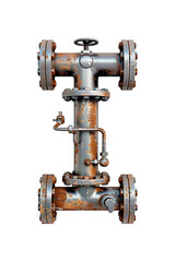 Fototapeta premium A metal pipe with two valves attached, forming the shape of the letter I. Isolated letter I.