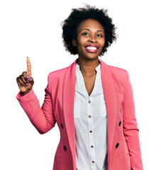 African american woman with afro hair wearing business jacket pointing finger up with successful...