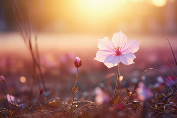 A flower is in the foreground of a field