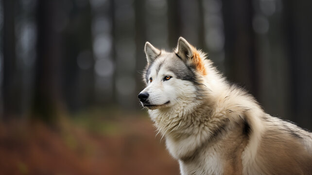 Adult Akita female dog looking at attention at the edge of a woodline; background image