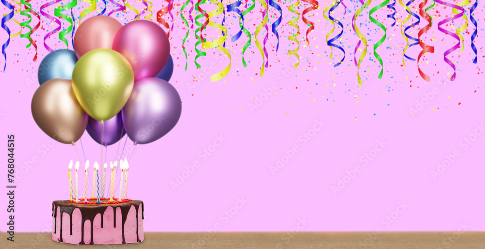 Aufkleber Birthday cake with bunch of colorful balloons on pink background with confetti. Empty space for text. 3d rendering