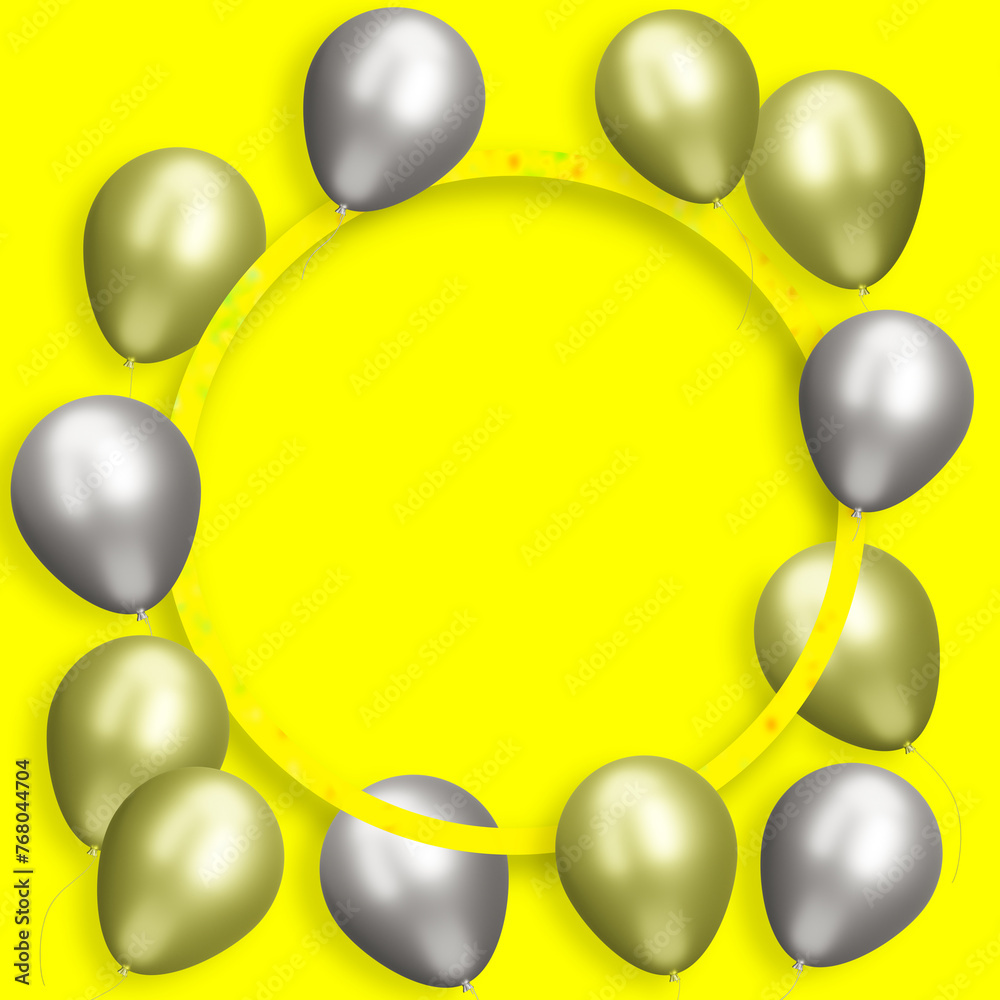 Aufkleber Golden frame with gold and silver balloons on yellow background. Empty space for text. 3d rendering