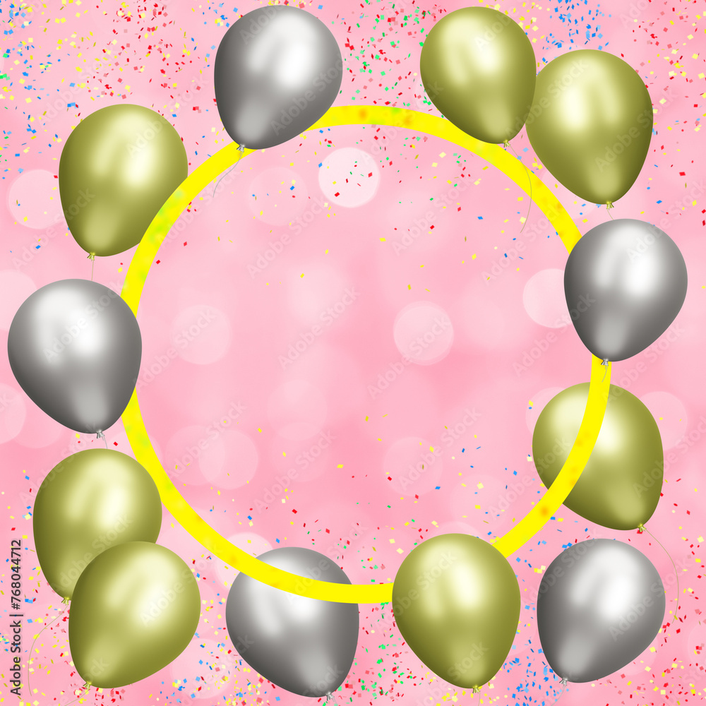 Aufkleber Golden frame with gold and silver balloons on blurred pink background with confetti. Empty space for text. 3d rendering