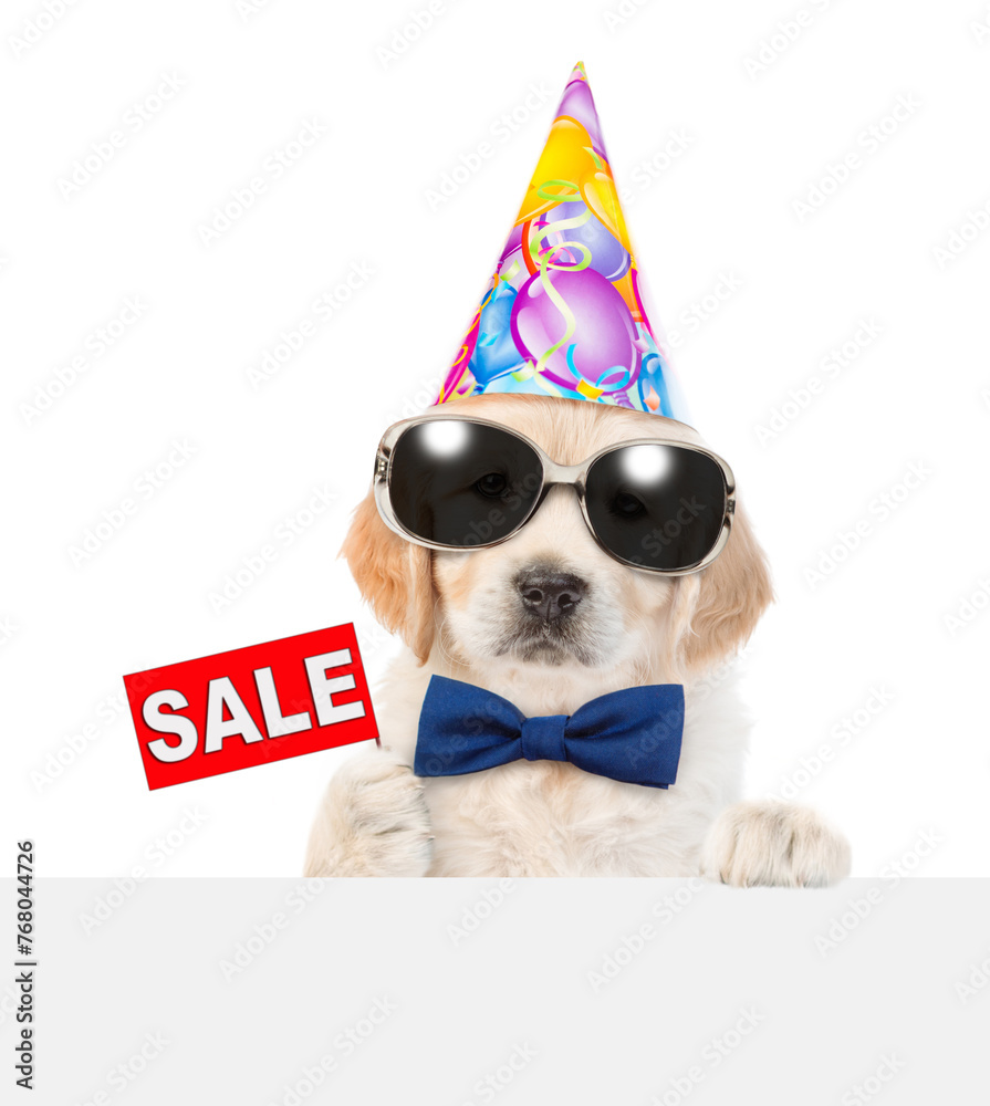Poster golden retriever puppy wearing tie bow and party cap shows signboard with labeled 