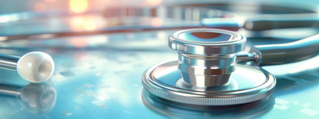 A close-up of a stethoscope with a highly reflective, metallic finish on a blue, blurred background, emphasizing the essential tool for medical diagnostics and patient care. - obrazy, fototapety, plakaty