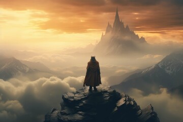 A wizard, standing atop a mountain peak, overlooking a vast kingdom - obrazy, fototapety, plakaty