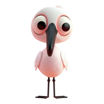 A cartoon bird with big eyes stands on a white background. The bird has a pinkish color and he is looking at the camera. The image has a playful and whimsical mood, as the bird's big eyes