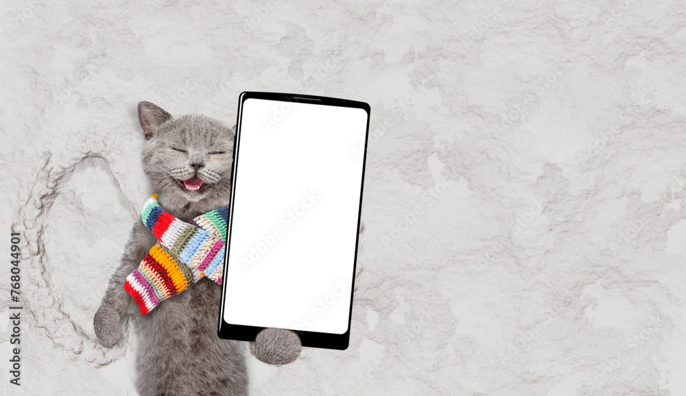 Poster funny cat wearing warm knitted scarf making snow angel while lying on snow and holding smartphone wi