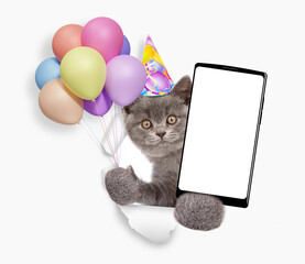 Cute kitten wearing party cap holds bunch of balloons, blows in party horn and shows smartphone with white blank screen in it paw through torn white paper hole. Empty free space for mock up, banner