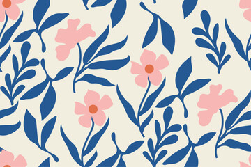 Leaves branch and Hand Drawn doodle Scribble floral plants banner, seamless pattern. Contemporary collage botanical minimalist wall art. Abstract painting for wall decoration, interior, print, cover.