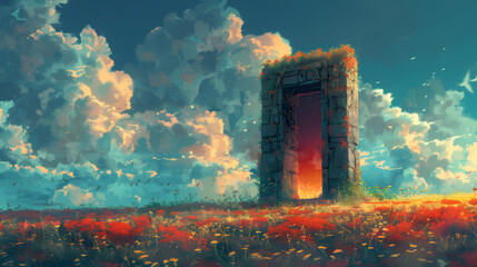 an anime landscape of a stone archway surrounded by wildflowers and overgrown vines.