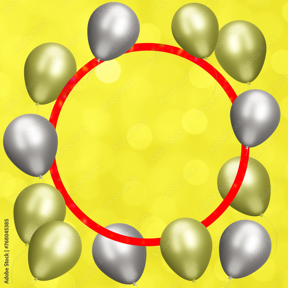 Poster Red frame with gold and silver balloons on blurred yellow background. Empty space for text. 3d rendering