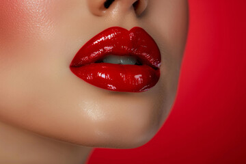 Obraz premium A woman with red lips is shown in a close up. Concept of confidence and beauty. Red Lips background, copy space. Juicy woman lips with glossy red lipstick isolated on red background. Art design.
