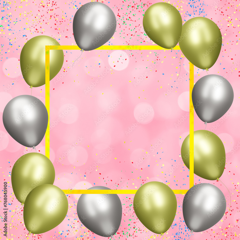 Aufkleber Yellow frame with gold and silver balloons on blurred pink background. Empty space for text. 3d rendering