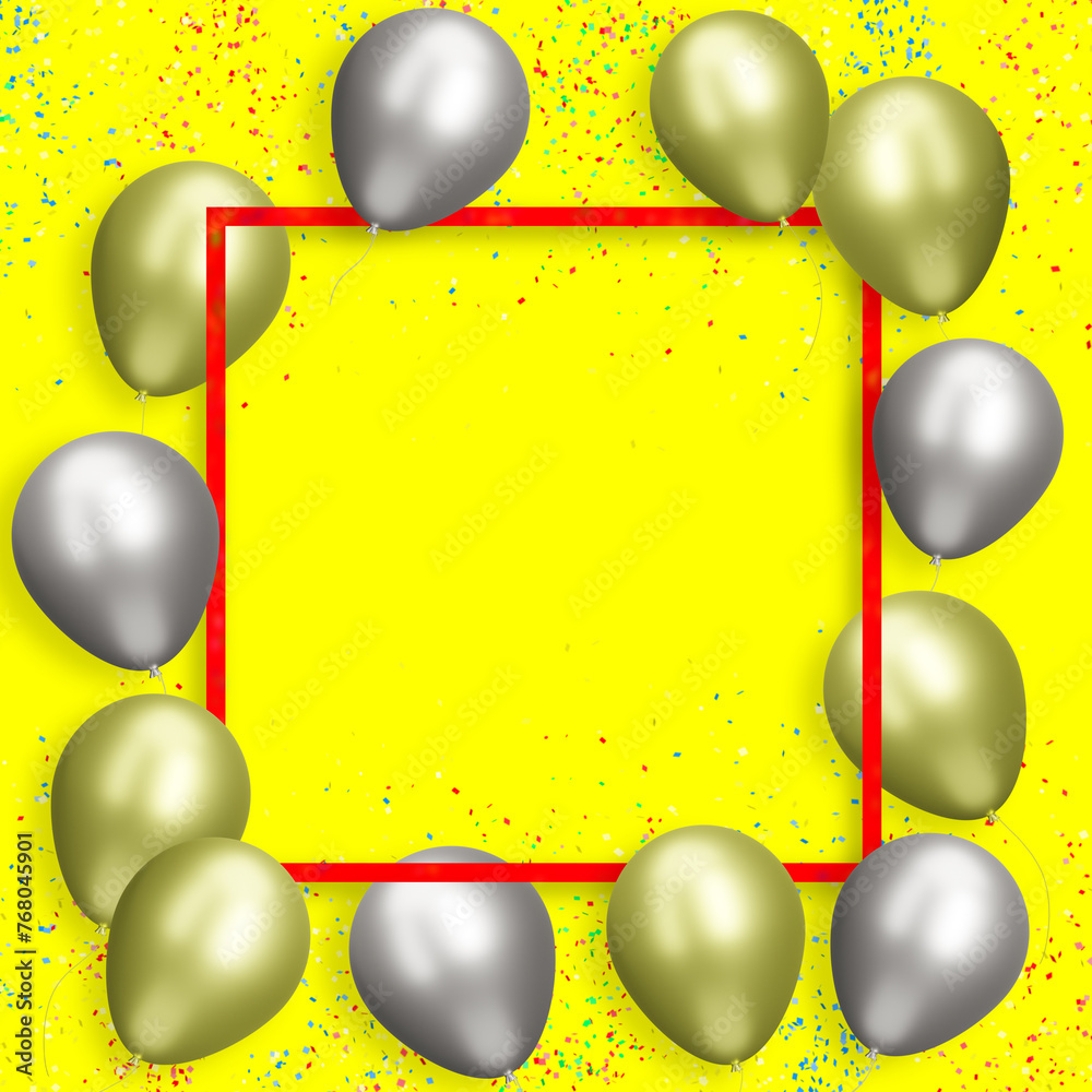 Aufkleber Red frame with gold and silver balloons on yellow background with confetti. Empty space for text. 3d rendering