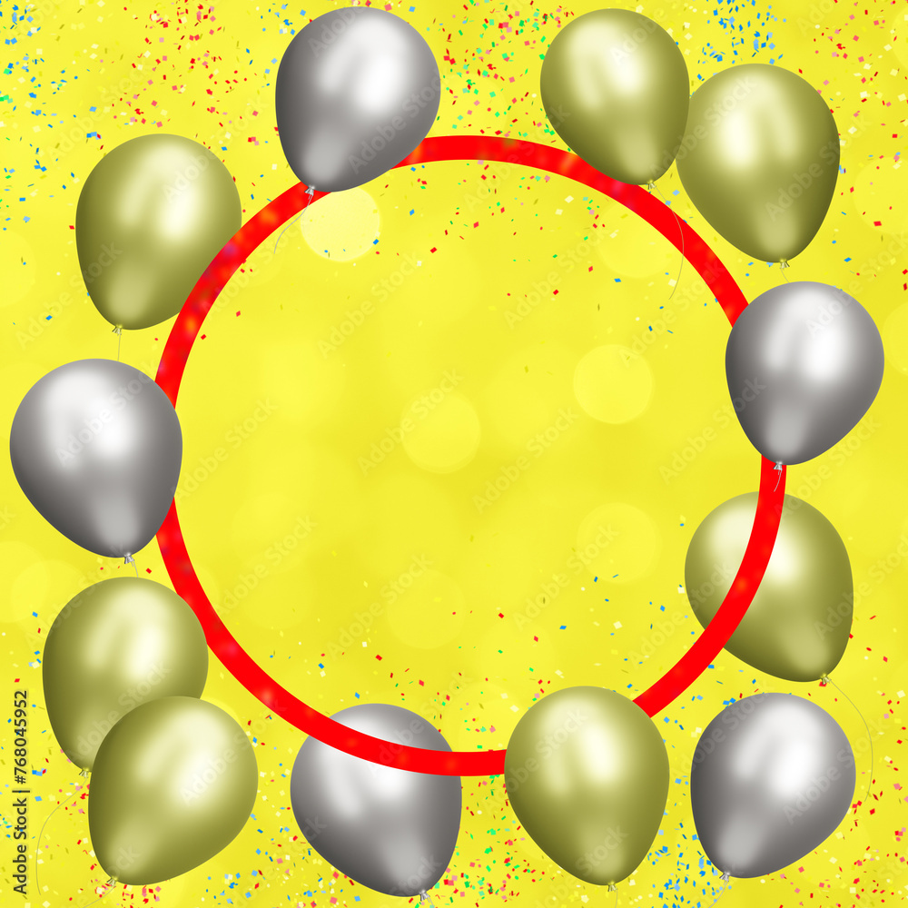 Poster Golden frame with gold and silver balloons on blurred yellow background with confetti. Empty space for text. 3d rendering