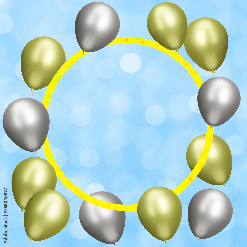 Poster golden frame with gold and silver balloons on blurred blue background. empty space for text. 3d rend