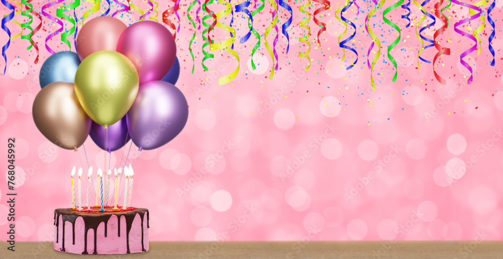 Poster Birthday cake with bunch of colorful balloons on blurred pink background. Empty space for text. 3d rendering