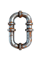 A metal object shaped like the letter O, constructed from water pipes. Isolated letter O.