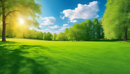 Beautiful bright colorful summer spring landscape with trees in Park, juicy fresh green grass on lawn and sunlight against blue sky with clouds. Wide format.