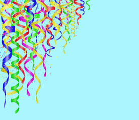 Holiday Curly colorful shiny streamer on blue background. Hanging celebration carnival ribbons. Empty space for text