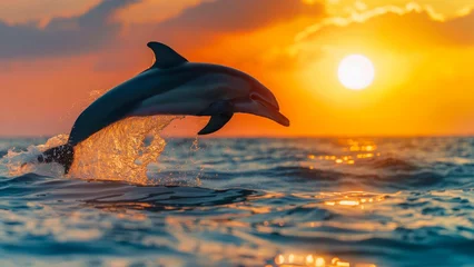 Fotobehang A dolphin jumps onto the surface of the sea with a  © PJang