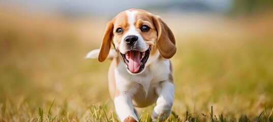 Playful beagle dog running in lush grass field, happy pet enjoying outdoor activity - obrazy, fototapety, plakaty