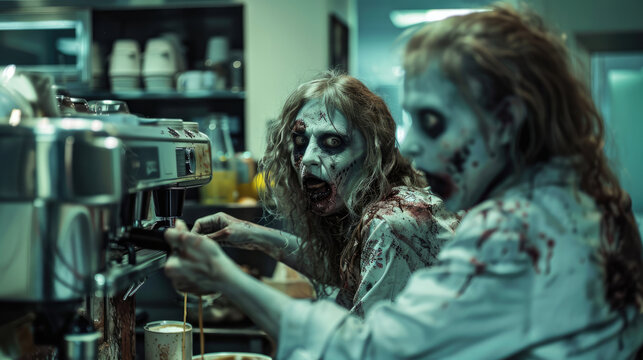 Zombie near the coffee machine. Coffee shop after the zombie apocalypse