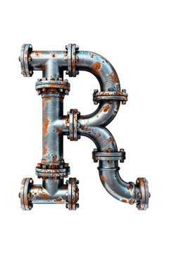 The letter R constructed using interconnected metal pipes, creating a bold and industrial aesthetic. Isolated letter R.