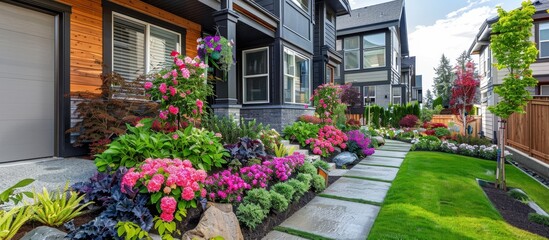 Landscape design with flower beds in home garden, beautiful landscaping  - obrazy, fototapety, plakaty
