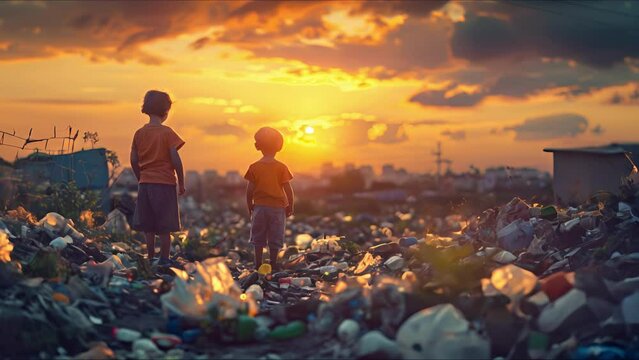 Polluted world. Garbage and waste. Children suffer from pollution. Ecological disaster concept. AI-generated.