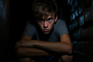 A concerned teenage boy in a dark tunnel, feeling isolated and helpless in the midst of his depression