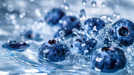 High-speed photo of blueberries splashing in water, dynamic and vibrant, close-up detail.