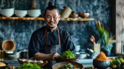 An asian chef presents his culinary art in a restaurant