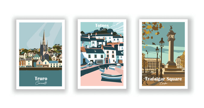 Totnes, Devon. Trafalgar Square, London. Truro, Cornwall - Set of 3 Vintage Travel Posters. Vector illustration. High Quality Prints